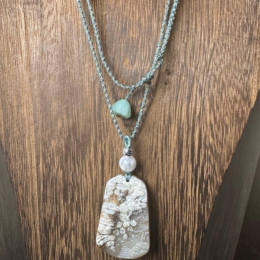 Coral Fossil Flower Agate Landscape Carving Pendant Necklace on Green Lotus Rope - Picture 3 of 10